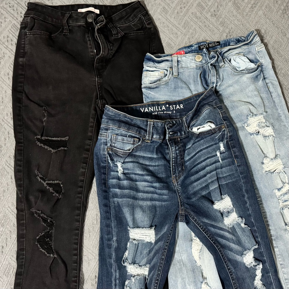 Vanilla Star Women's High Rise Jeans in Black, Light Blue, and Dark Blue